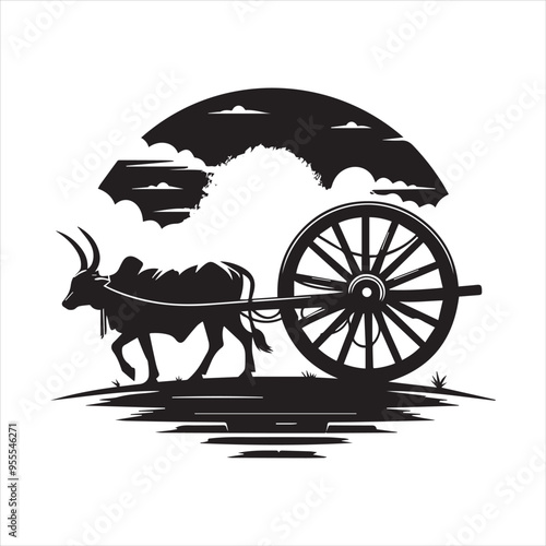 bullock cart wheel silhouette vector With White Background