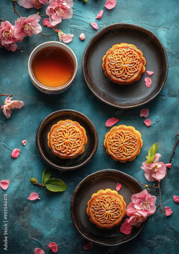 mooncakes on table, top view, stylish food photo, mid autumn festival, september 17, reunification day, traditional chinese treat, food, baking, national meal, holiday, celebration, China mooncakes on table, top view, stylish food photo, mid autumn festival, september 17, reunification day, traditional chinese treat, food, baking, national meal, holiday, celebration, China