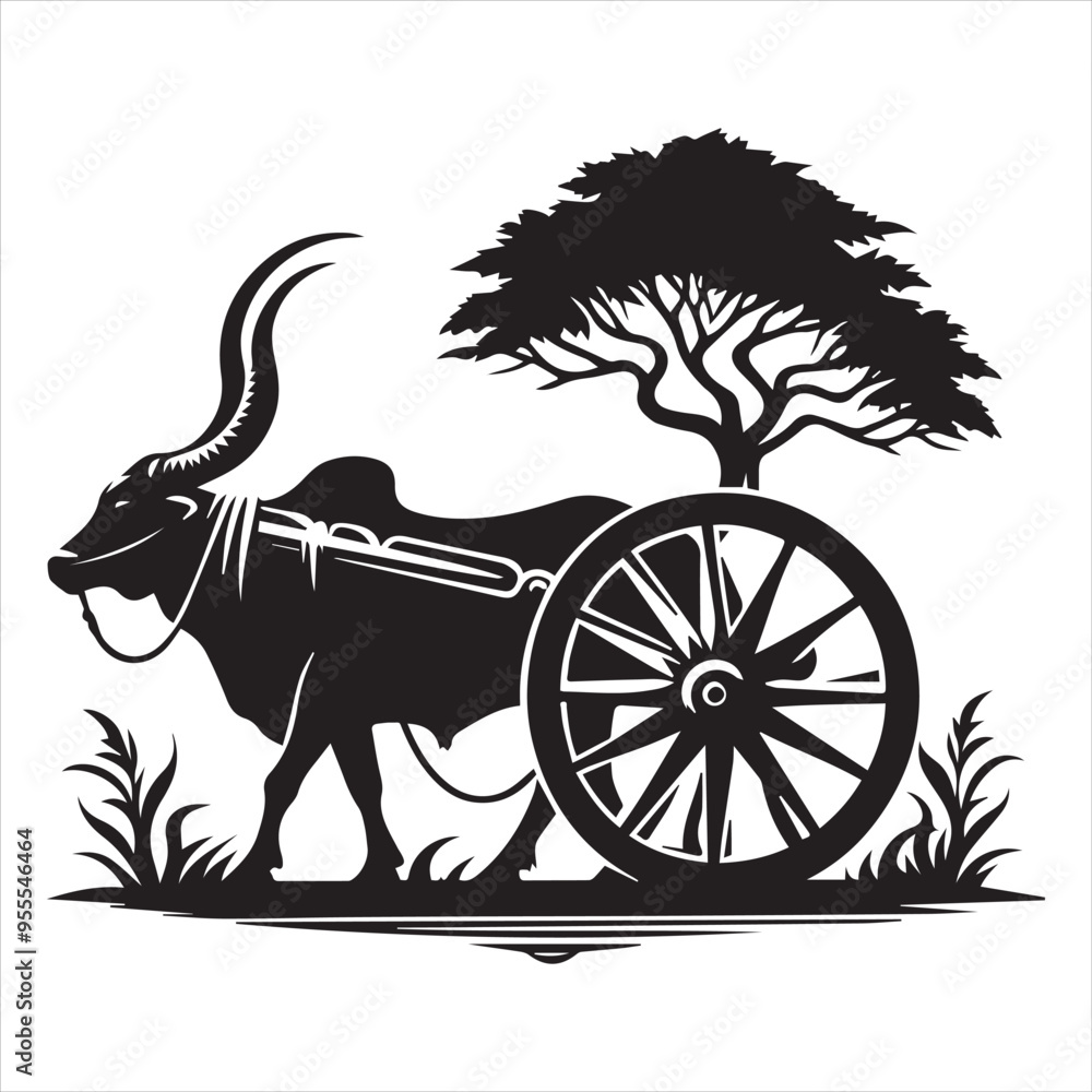 Fototapeta premium bullock cart wheel silhouette vector With White Background