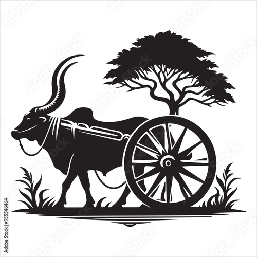 bullock cart wheel silhouette vector With White Background