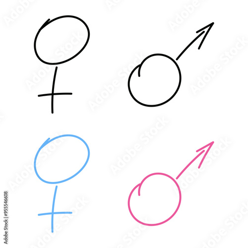 gender symbols illustration in black, blue and pink on white background