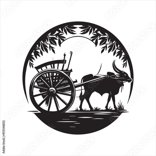 bullock cart wheel silhouette vector With White Background