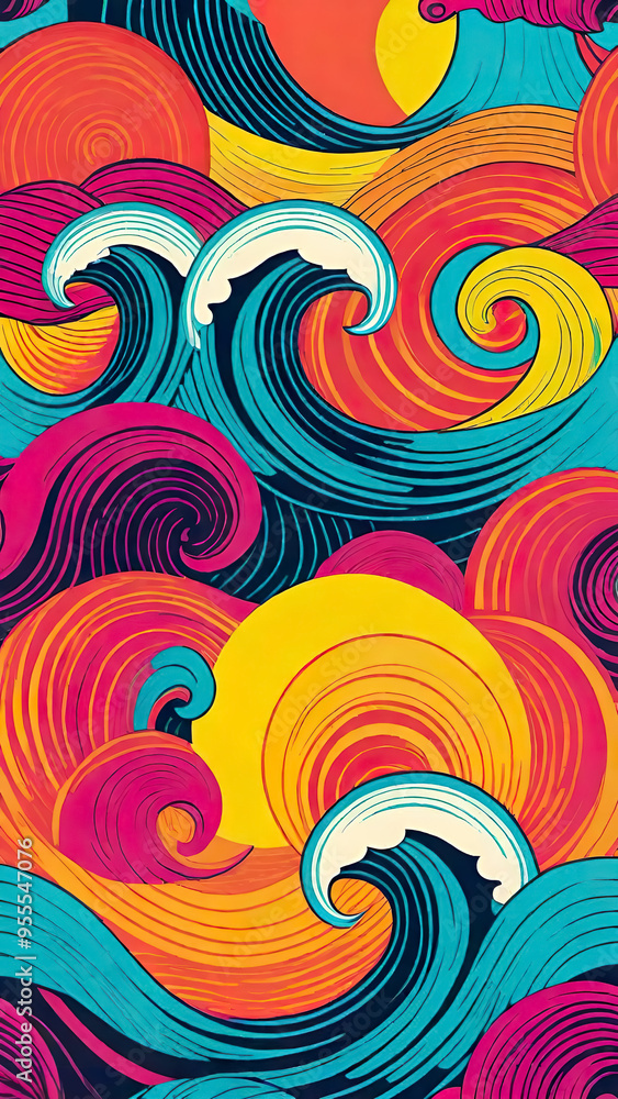 A 70s-inspired pattern featuring waves and bright, saturated colors A 70s-inspired pattern featuring waves and bright, saturated colors
