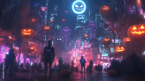 Trick or Treat Parade in Futuristic City with Glowing Jack o  Lanterns and Holographic Costumes