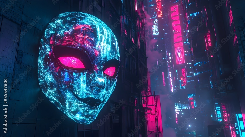 Obraz premium Ethereal Neon Halloween Mask in a Cityscape with Glowing Lights and Towering Skyscrapers