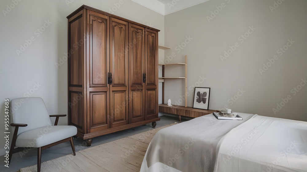 A minimalist style modern bedroom with a wooden wardrobe. The bed has a white sheet and a gray blanket. A gray chair. A minimalist style modern bedroom with a wooden wardrobe. The bed has a white sheet and a gray blanket. A gray chair.