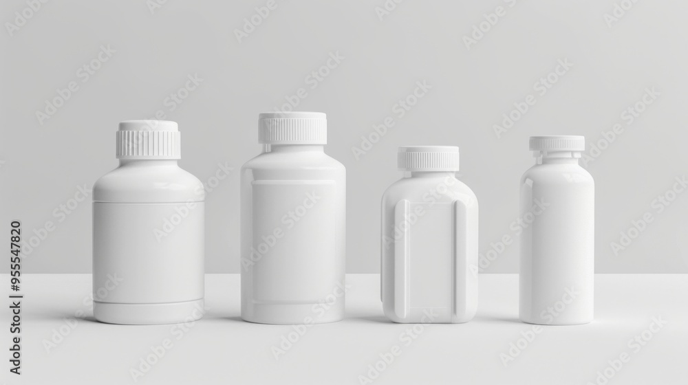 Collection of four white bottles displayed in a minimalistic style. Each bottle varies in size and shape. Ideal for product promotion or packaging design. Clean and modern look. AI Collection of four white bottles displayed in a minimalistic style. Each bottle varies in size and shape. Ideal for product promotion or packaging design. Clean and modern look. AI