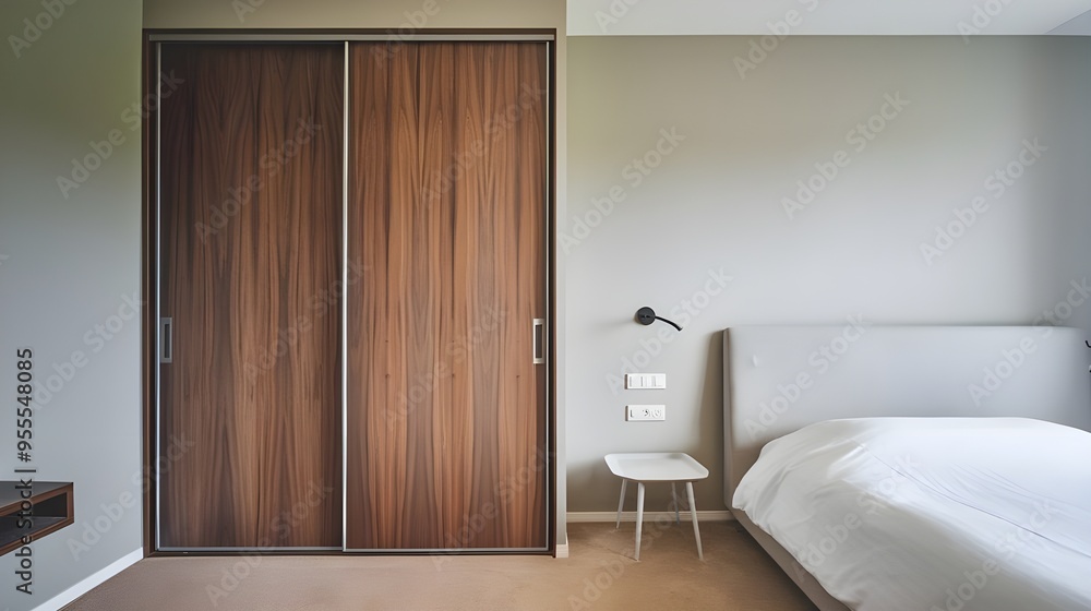 Fototapeta premium A modern bedroom with a minimalist style interior design. There is a wooden wardrobe with a sliding door. A white bed with a gray headboard.