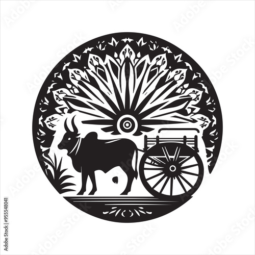 bullock cart wheel silhouette vector With White Background
