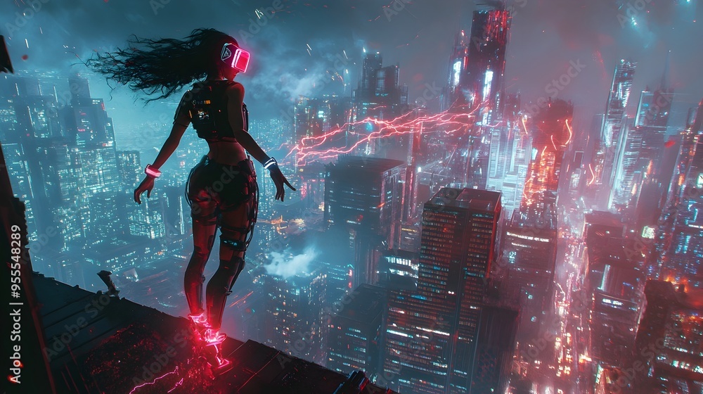 Obraz premium Technomantic sorcereress unleashing arcane power in a dystopian futuristic cityscape with cinematic