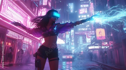 Technomantic Sorceress Unleashing Arcane Power in Dystopian Cityscape photo