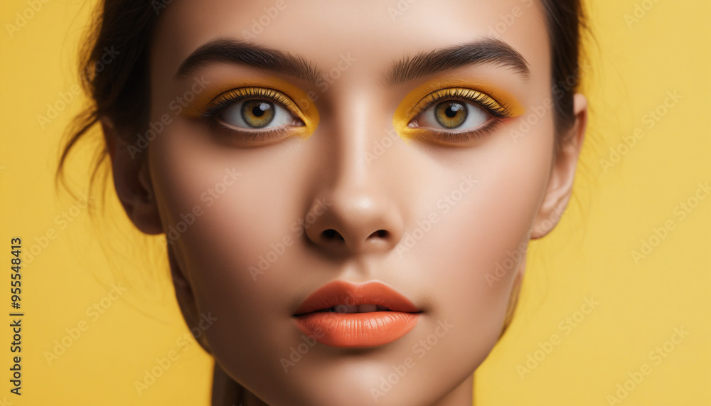 Close-up portrait visage femme beauté maquillage jaune yeux regard. Close-up portrait visage femme beauté maquillage jaune yeux regard.
