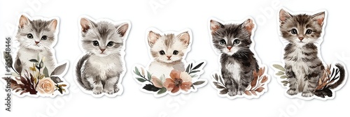 An adorable cartoon cat smiling in a flower blossom garden sticker illustration. The set includes a PNG die cut isolated transparent background with the cat sitting in it.