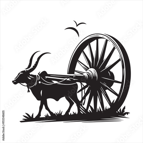 bullock cart wheel silhouette vector With White Background