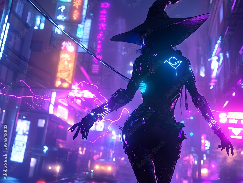 Witch Conjuring Shimmering Arcane Energy in Futuristic Urban Cityscape Witch Conjuring Shimmering Arcane Energy in Futuristic Urban Cityscape