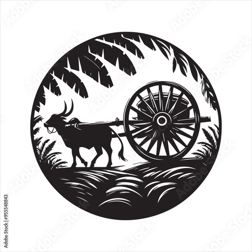 bullock cart wheel silhouette vector With White Background