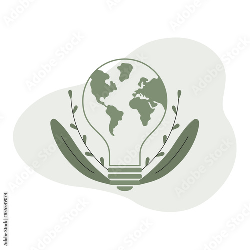 Light bulb with earth design surrounded by leaves on green background