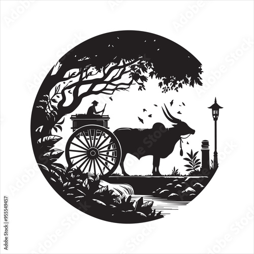 bullock cart wheel silhouette vector With White Background