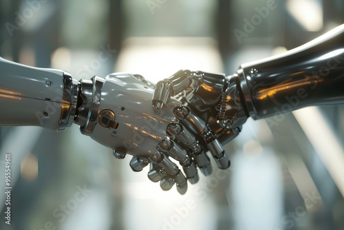 A close-up of robotic hands shaking, symbolizing collaboration between technology and humanity in a modern setting.