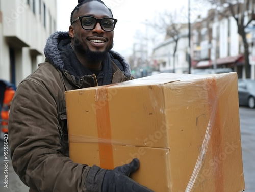 A man carries a box towards a moving truck, actively engaged in the process of relocation and transition.
 photo