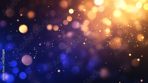 Abstract background with glowing bokeh lights in blue and gold colors. Ideal for festive, holiday, or celebratory designs.