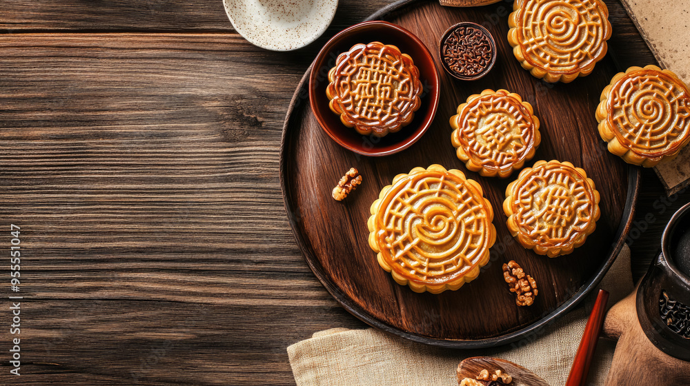 mooncakes on table, top view, stylish food photo, mid autumn festival, september 17, reunification day, traditional chinese treat, food, baking, national meal, holiday, celebration, China mooncakes on table, top view, stylish food photo, mid autumn festival, september 17, reunification day, traditional chinese treat, food, baking, national meal, holiday, celebration, China