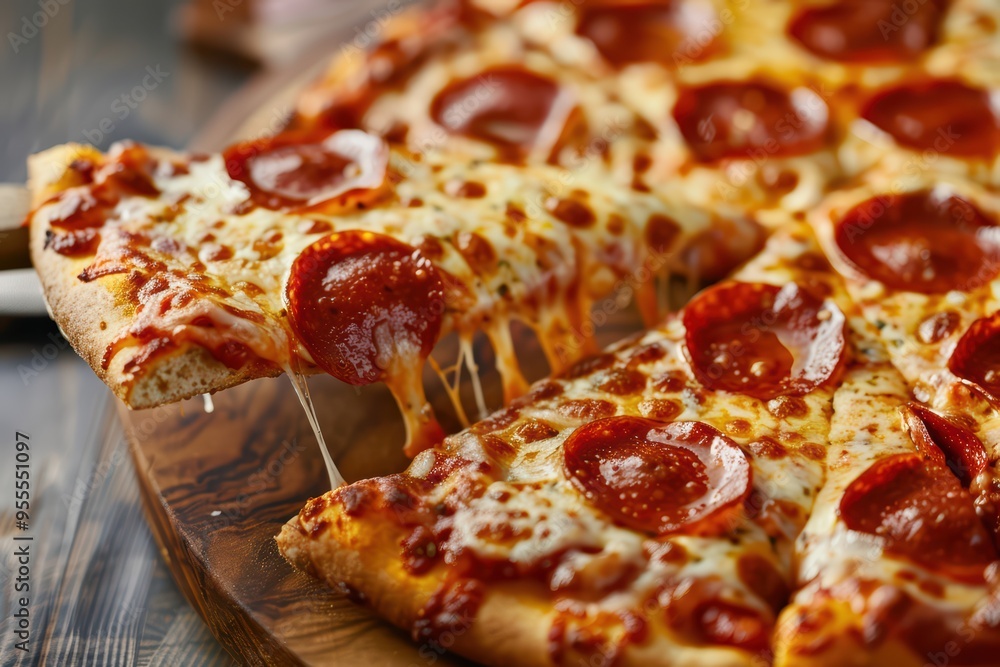 A delicious slice of pepperoni pizza with melted cheese and savory toppings on a wooden board, perfect for food lovers. A delicious slice of pepperoni pizza with melted cheese and savory toppings on a wooden board, perfect for food lovers.
