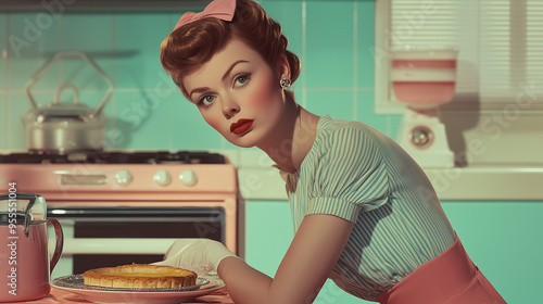 A retro vintage styled image of a housewife in an immaculate kitchen, full make up, looking vacant or desperate, landscape format 16:9 with space