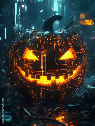 Cybernetic Jack o  Lantern Glowing in a Dystopian Cityscape with Cinematic Contrast photo