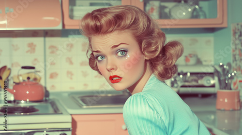 A retro vintage styled image of a housewife in an immaculate kitchen, full make up, looking desperate, landscape format 16:9 with space photo