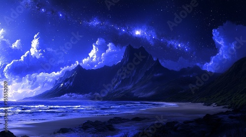 An illustration background showing a fantasy ethereal sea shore with a galaxy gradient dreamy sky atmosphere, a starry sky glowing in the distance