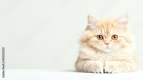 Adorable ginger kitten with fluffy fur sitting against a white background, looking attentively with big, curious eyes.