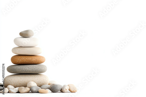 Balanced stack of smooth pebbles creating a serene and tranquil composition, perfect for concepts of balance, Zen, and relaxation.