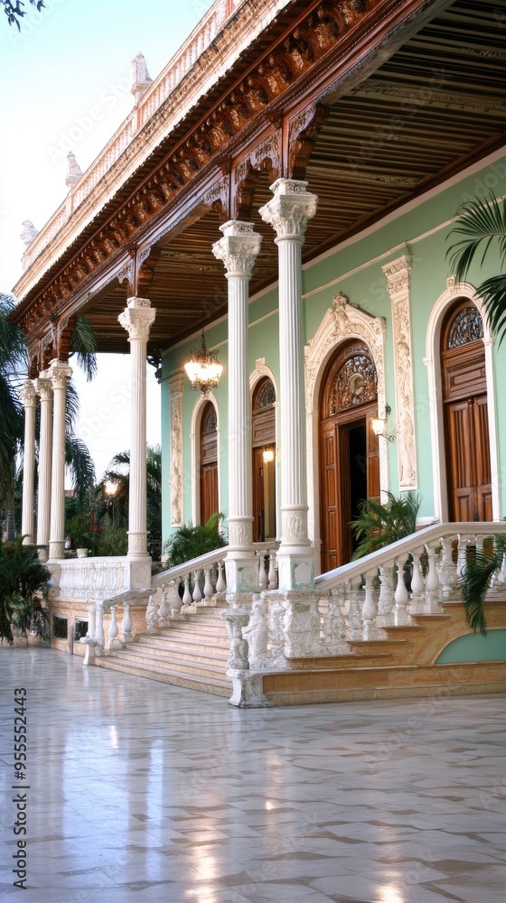 Fototapeta premium The colonial architecture of a beautiful building in stands out at sunset, surrounded by elegant street lamps casting a warm glow against the evening sky