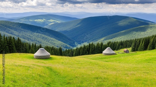 A serene landscape features traditional yurts on rolling green hills, surrounded by dense forests and majestic mountains under a bright morning sky