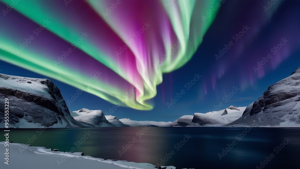 Naklejka premium Experience the breathtaking beauty of Norway with this stunning image of the Northern Lights over a snow-covered fjord.