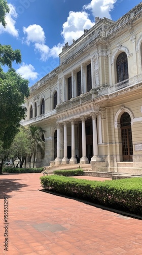 This beautiful colonial structure boasts yellow and white detailing, brightening while large windows and lush greenery enhance its charm on a sunny day