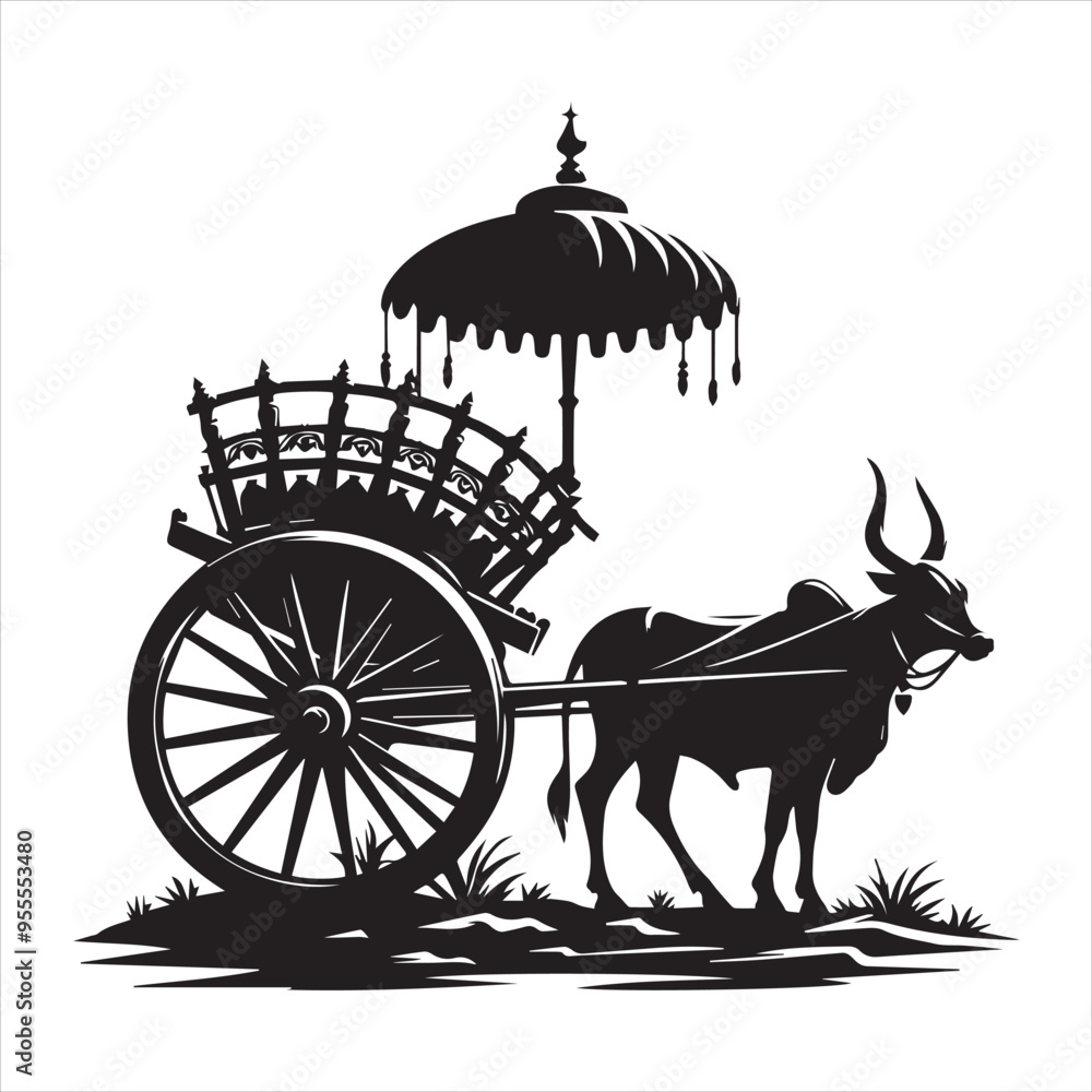 Fototapeta premium bullock cart wheel silhouette vector With White Background 