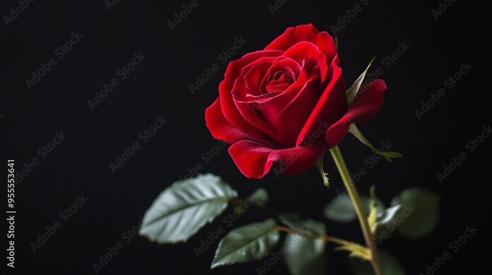 A solitary red rose with subtle green leaves, beautifully contrasted on a jet-black background A solitary red rose with subtle green leaves, beautifully contrasted on a jet-black background