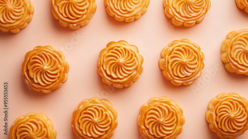 mooncakes on table, top view, stylish food photo, mid autumn festival, september 17, reunification day, traditional chinese treat, food, baking, national meal, holiday, celebration, China