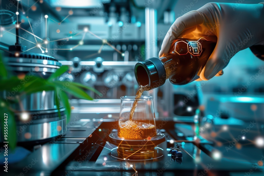 A scientist pouring a liquid into a glass container in a modern laboratory with advanced technology and green plant elements. A scientist pouring a liquid into a glass container in a modern laboratory with advanced technology and green plant elements.