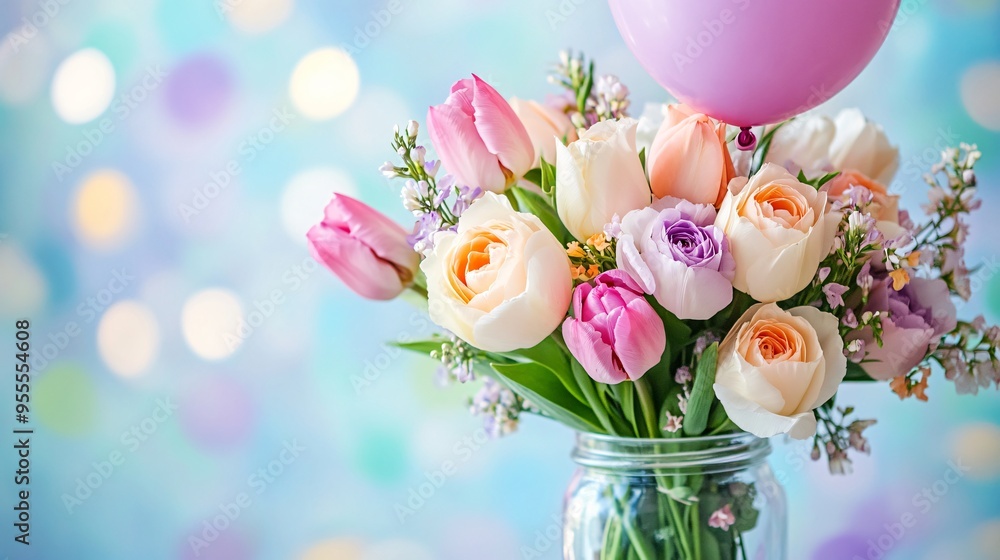 Obraz premium A whimsical arrangement of pastel-colored roses and tulips in a glass jar, with a playful birthday balloon attached