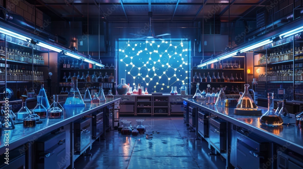 Futuristic Science Laboratory Interior with Glowing Network Futuristic Science Laboratory Interior with Glowing Network