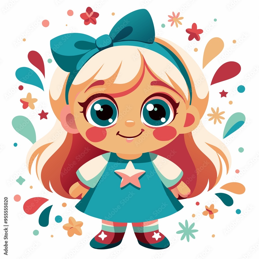 Fototapeta premium Цветной принт милой мультяшной девочки с бантиком и радостным выражением, игривый дизайн, место для текста
