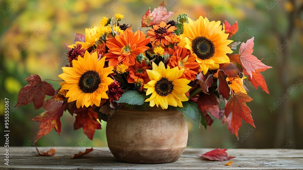 Fototapeta premium An autumn harvest bouquet with sunflowers, orange dahlias, and red maple leaves, arranged in a rustic clay pot