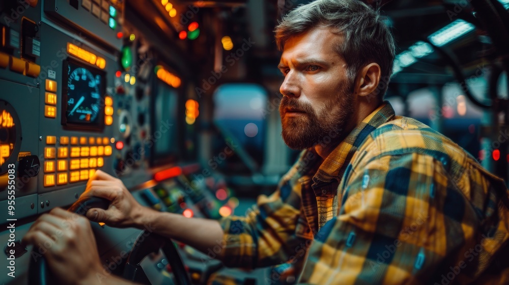 Focused Operator in Control Room with Illuminated Console Focused Operator in Control Room with Illuminated Console