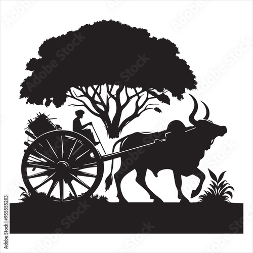 bullock cart wheel silhouette vector With White Background 