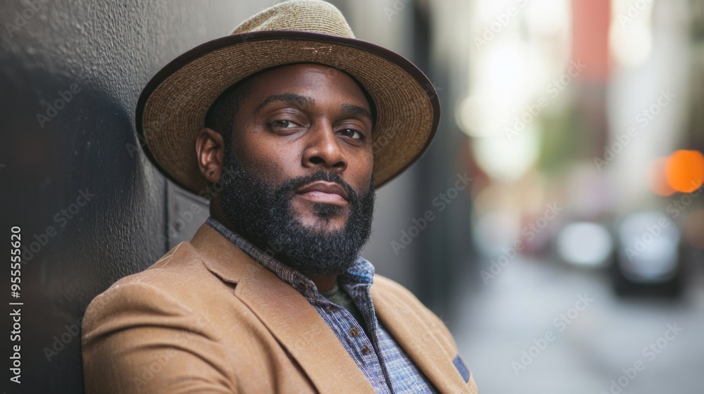 Smiling young bearded African American guy in white t shirt adjusting black hat and laughing happily against cityscape Smiling young bearded African American guy in white t shirt adjusting black hat and laughing happily against cityscape