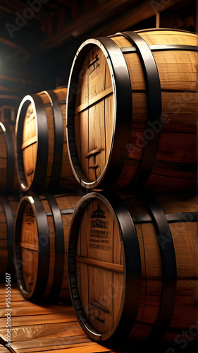 Wine Whisky Oak Barrels in warehouse cellar for Ferment Aging Winemaking Brewing Process Alcohol Drink Storage