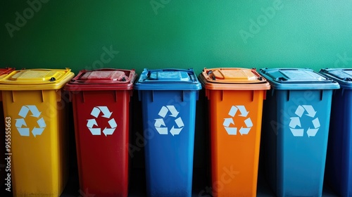 A stack of different recycling bins, each labeled for specific materials, providing an organized and structured scene with ample copy space. photo